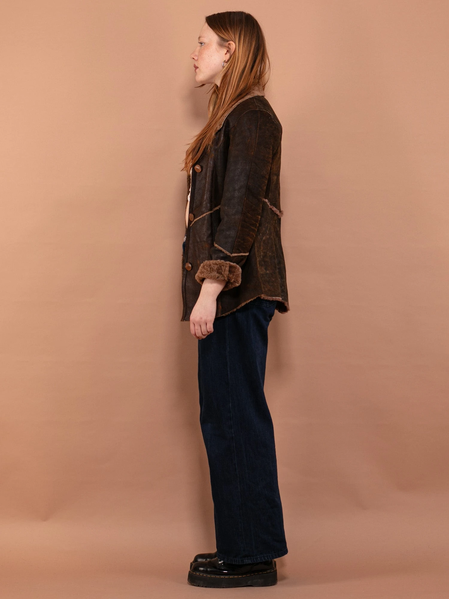 Vintage 90's Women Distressed Sheepskin Jacket In Brown 4 Vintage 90's Women Distressed Sheepskin Jacket In Brown - Image 4