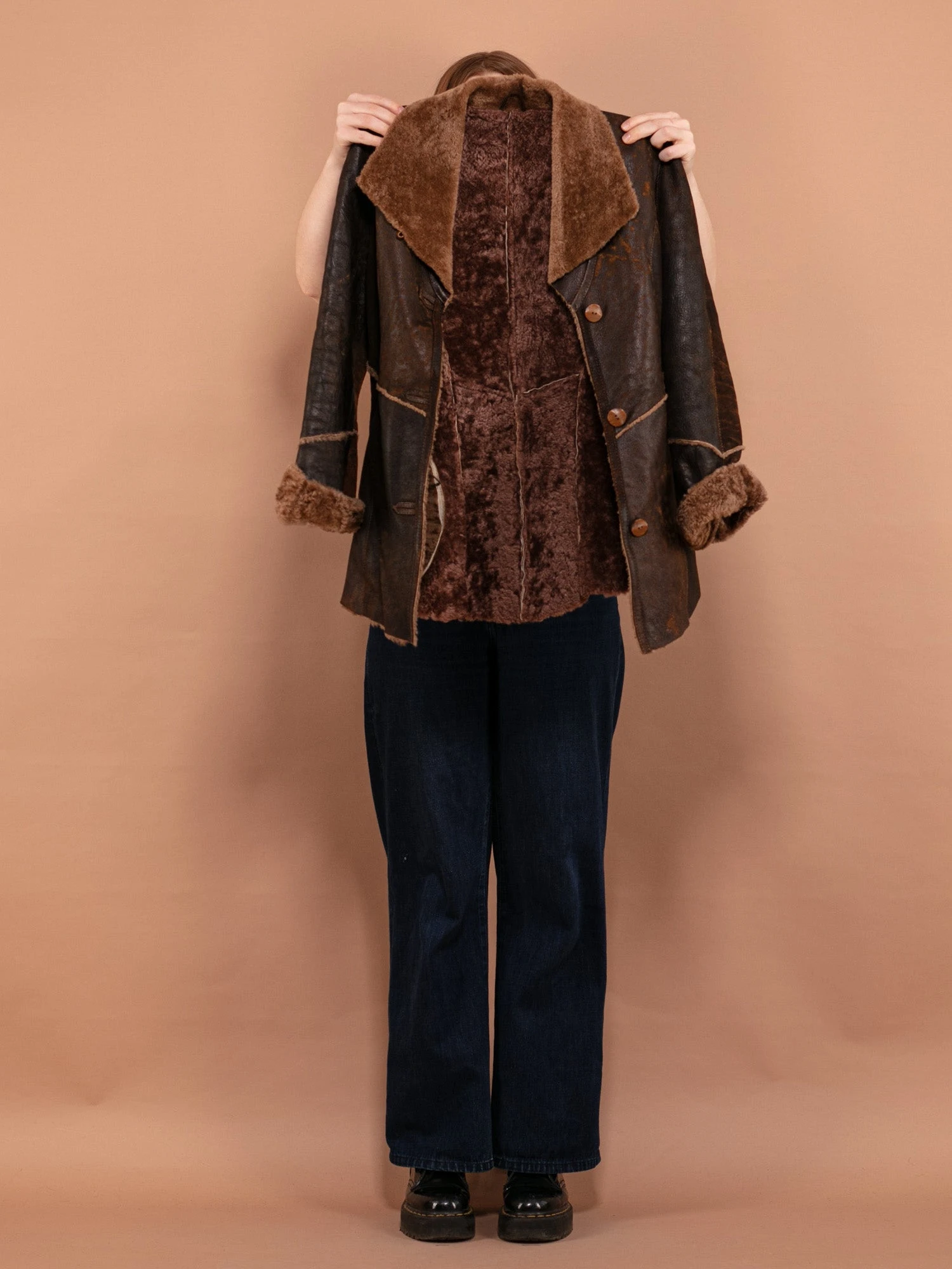 Vintage 90's Women Distressed Sheepskin Jacket In Brown 2 Vintage 90's Women Distressed Sheepskin Jacket In Brown - Image 2