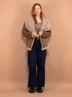 Vintage 90's Women Faux Shepskin Bomber Jacket In Beige