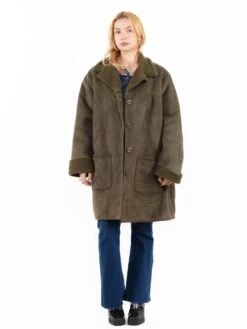 Vintage 90's Women Faux Sheepskin Coat In Green