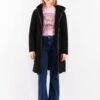Vintage 90's Women Hooded Faux Sheepskin Coat In Black