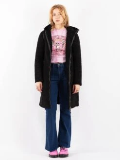 Vintage 90's Women Hooded Faux Sheepskin Coat In Black