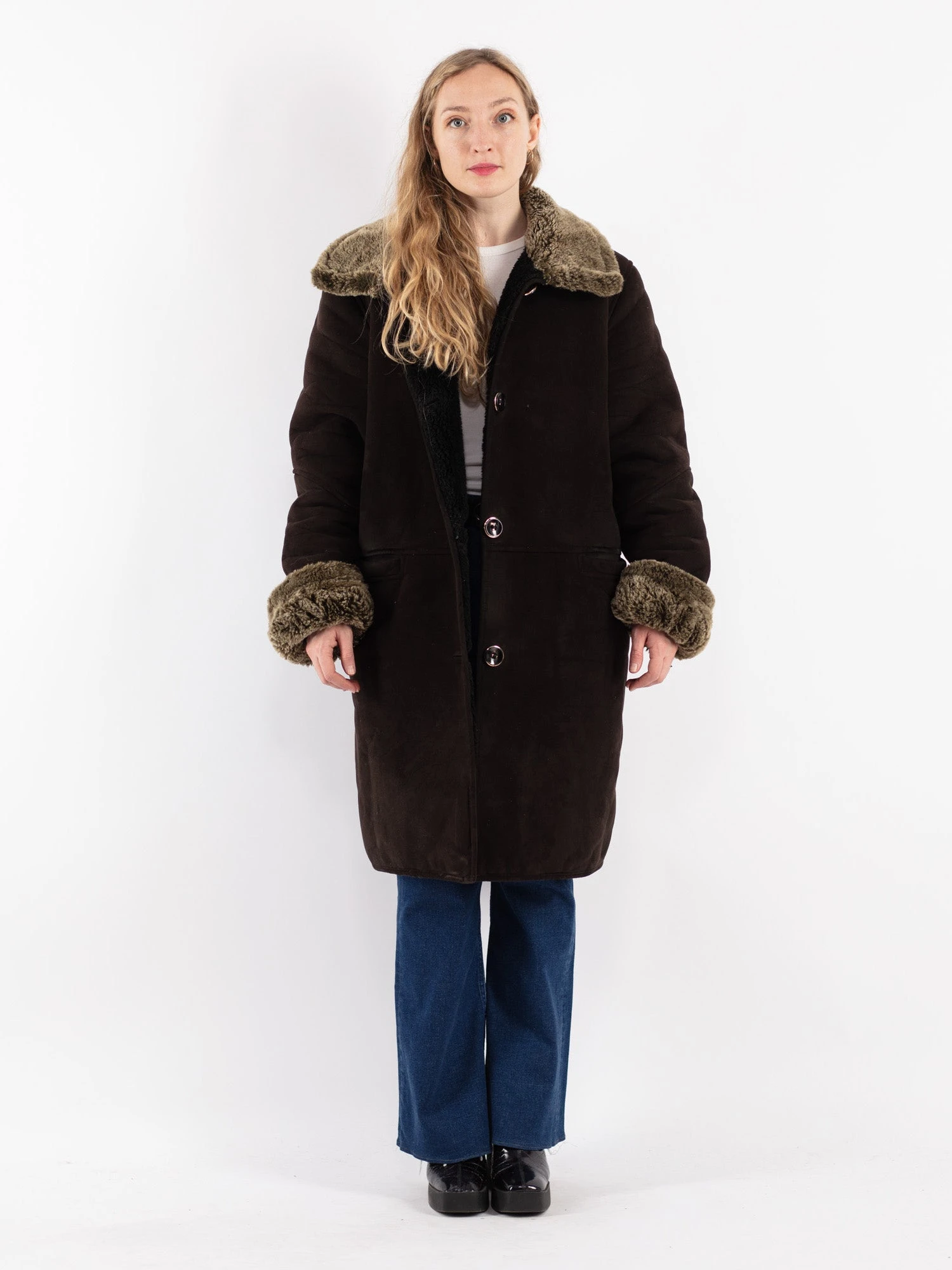 Vintage 90's Women Faux Sheepskin Coat In Dark Brown 1 Vintage 90's Women Faux Sheepskin Coat In Dark Brown
