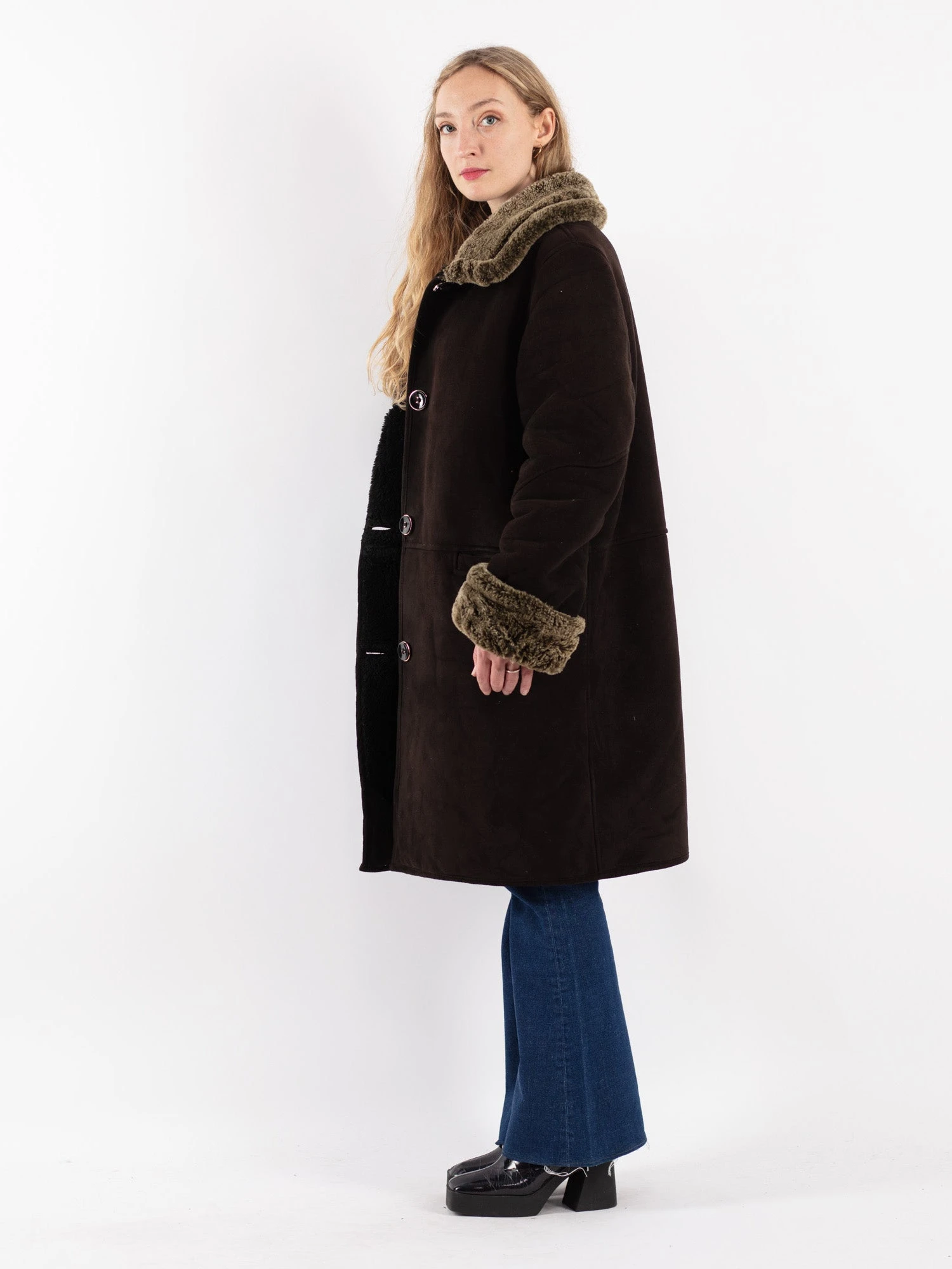 Vintage 90's Women Faux Sheepskin Coat In Dark Brown 3 Vintage 90's Women Faux Sheepskin Coat In Dark Brown - Image 3