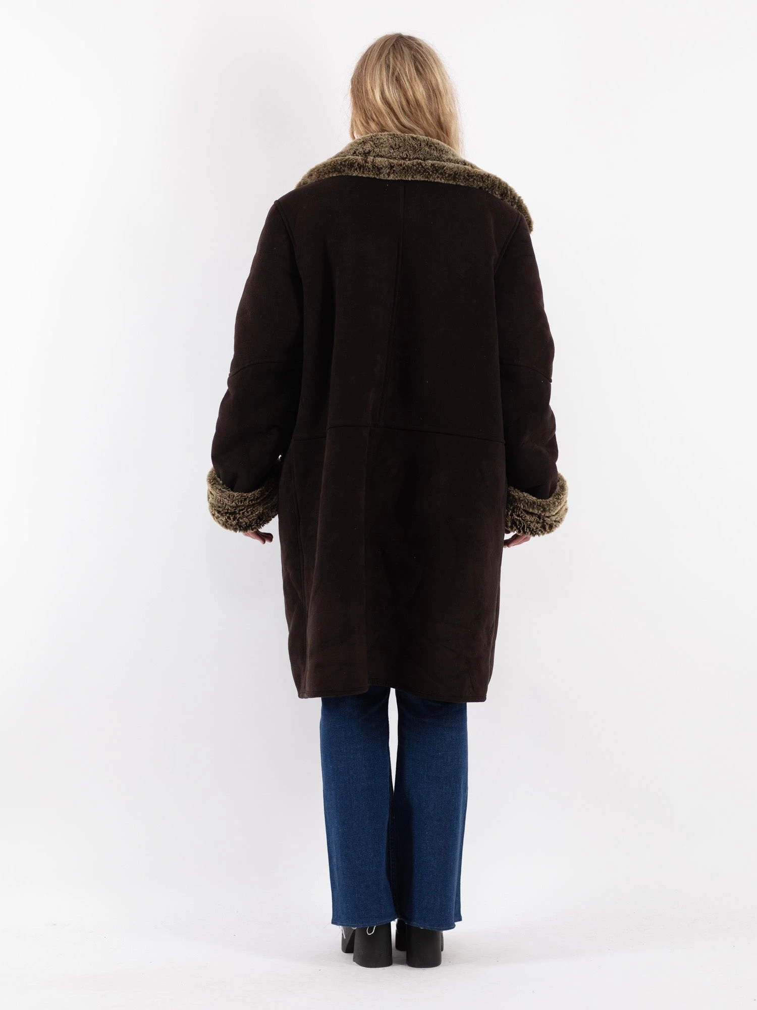 Vintage 90's Women Faux Sheepskin Coat In Dark Brown 2 Vintage 90's Women Faux Sheepskin Coat In Dark Brown - Image 2