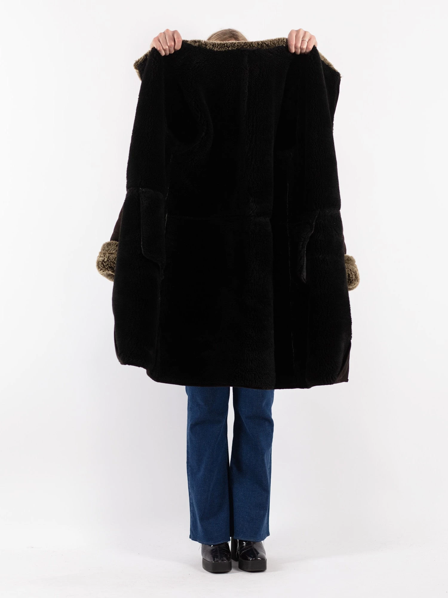Vintage 90's Women Faux Sheepskin Coat In Dark Brown 4 Vintage 90's Women Faux Sheepskin Coat In Dark Brown - Image 4