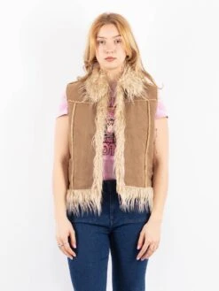 Vintage 90's Women Faux Sheepskin Vest In Beige