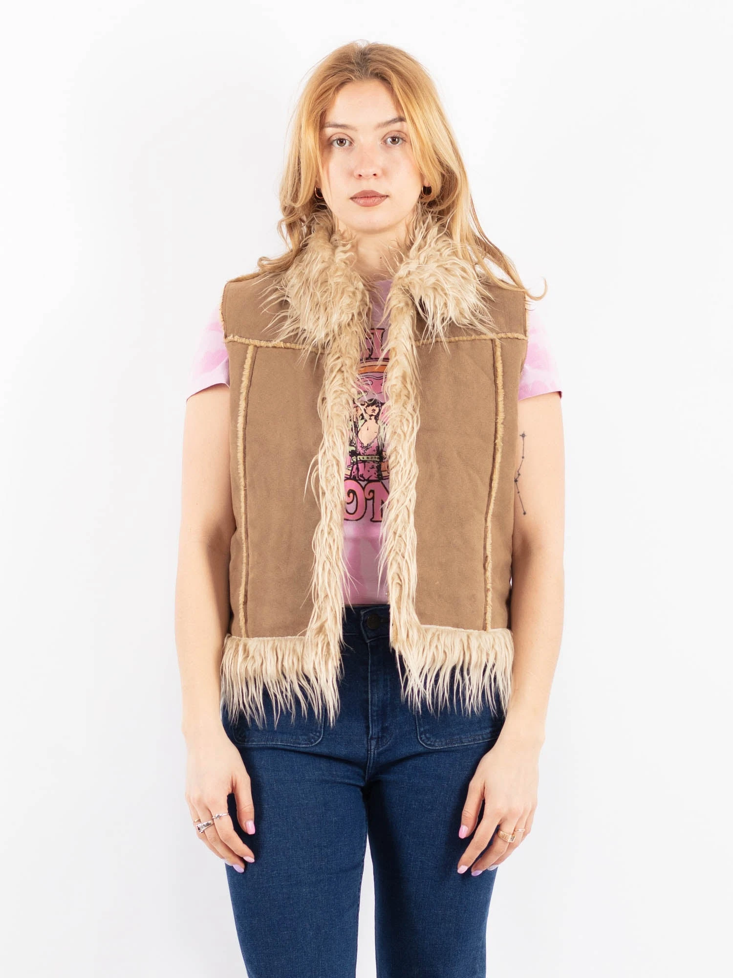 Vintage 90's Women Faux Sheepskin Vest In Beige 1 Vintage 90's Women Faux Sheepskin Vest In Beige
