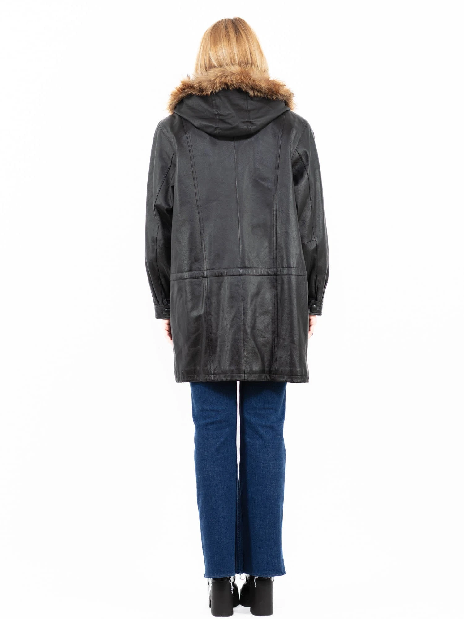 Vintage 90's Women Hooded Leather Coat In Black 2 Vintage 90's Women Hooded Leather Coat In Black - Image 2