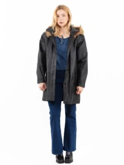 Vintage 90's Women Hooded Leather Coat In Black