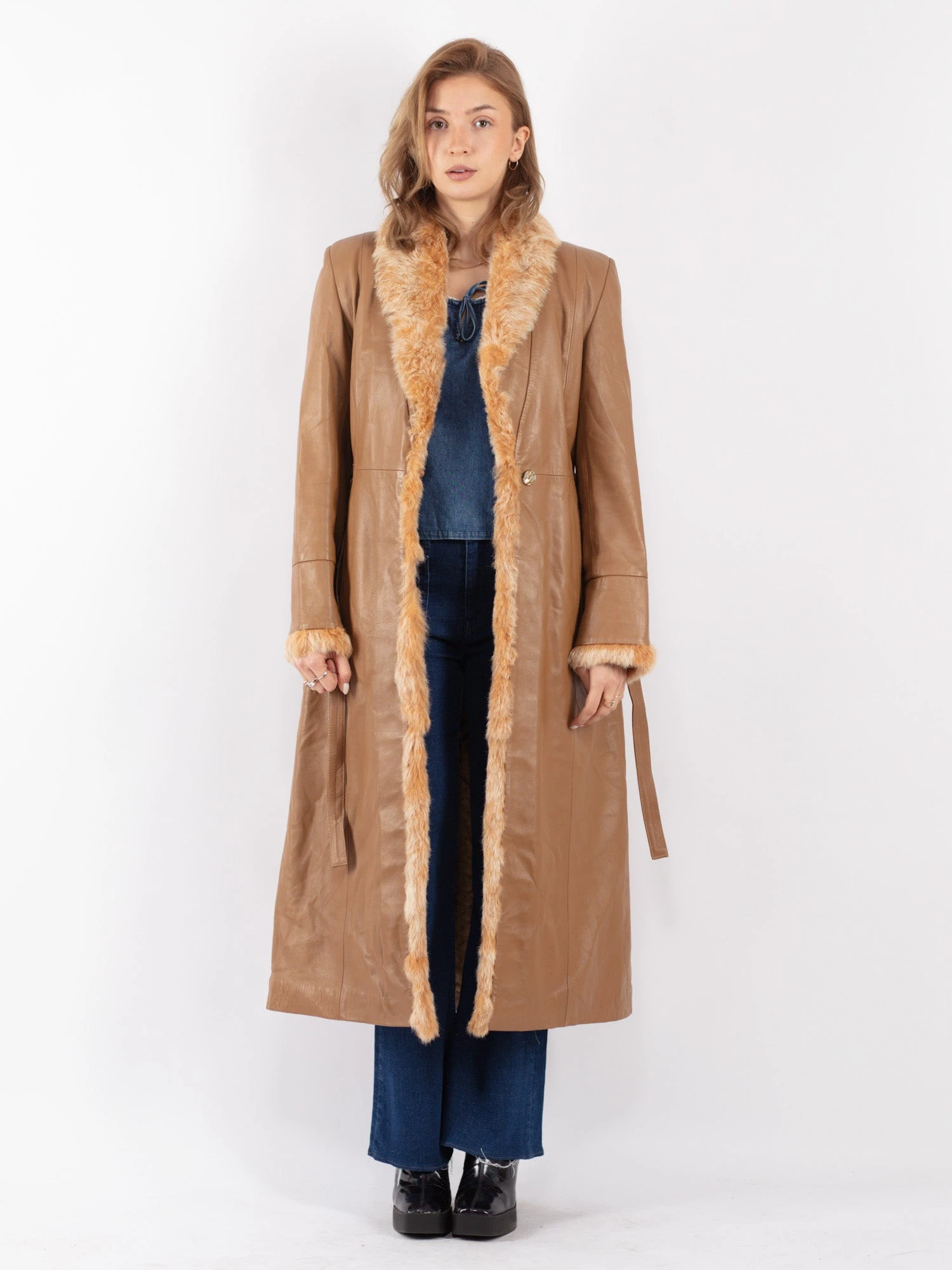 Vintage 90's Women Leather Fur Long Coat In Beige 1 Vintage 90's Women Leather Fur Long Coat In Beige
