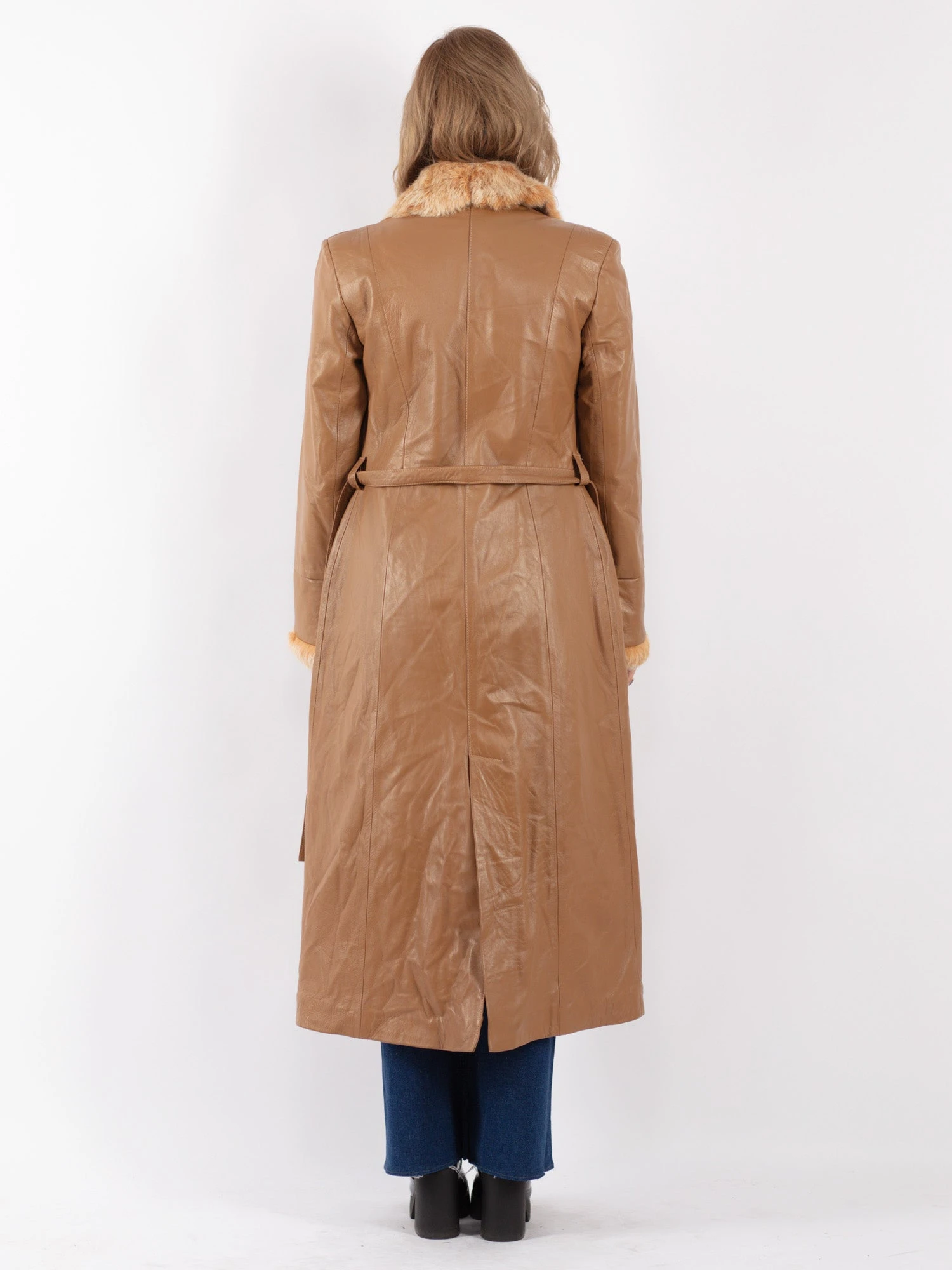 Vintage 90's Women Leather Fur Long Coat In Beige 3 Vintage 90's Women Leather Fur Long Coat In Beige - Image 3