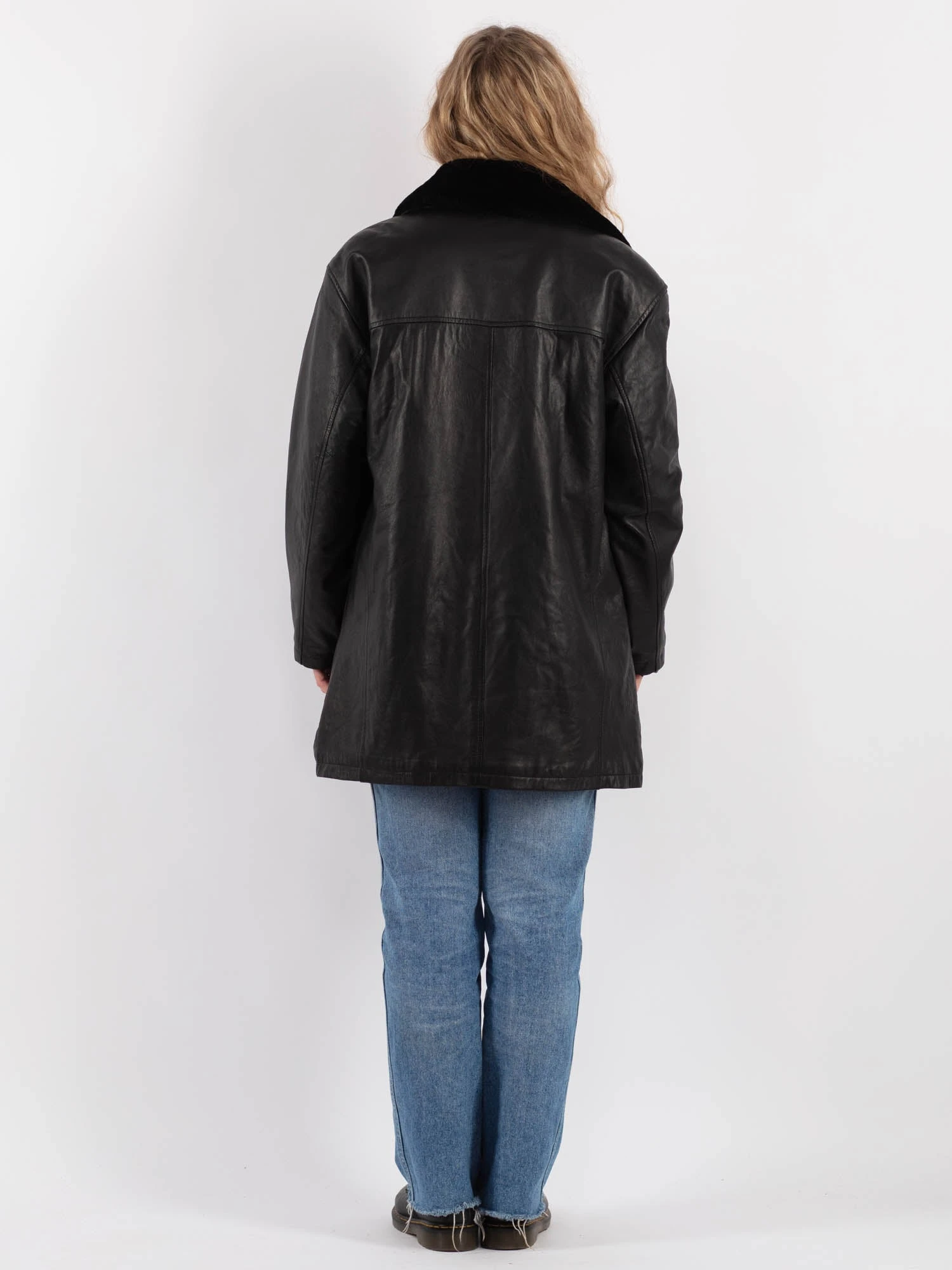 Vintage 90's Women Leather Sherpa Coat In Black 2 Vintage 90's Women Leather Sherpa Coat In Black - Image 2
