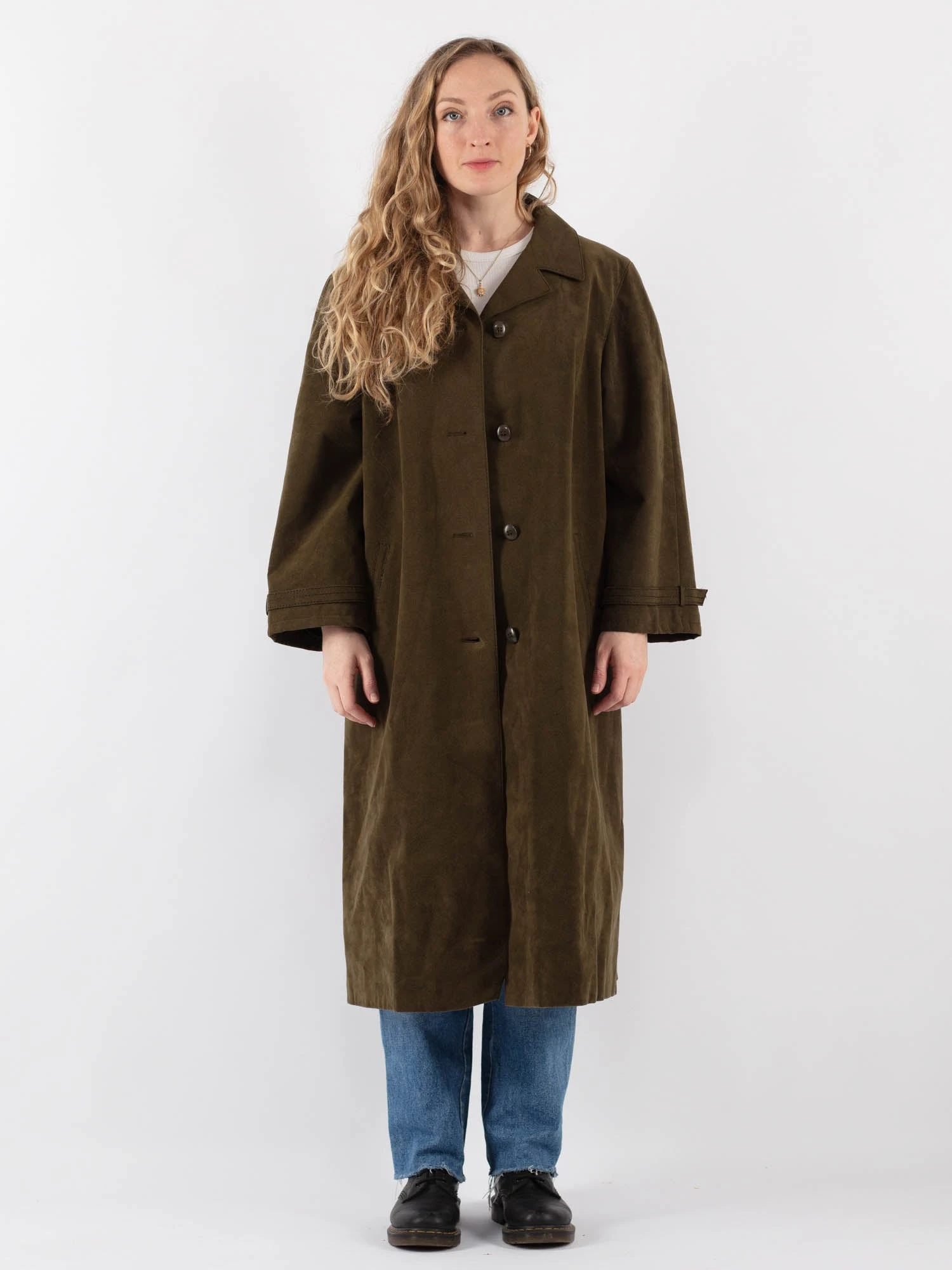 Vintage 90's Women Faux Suede Mac Coat In Green 1 Vintage 90's Women Faux Suede Mac Coat In Green