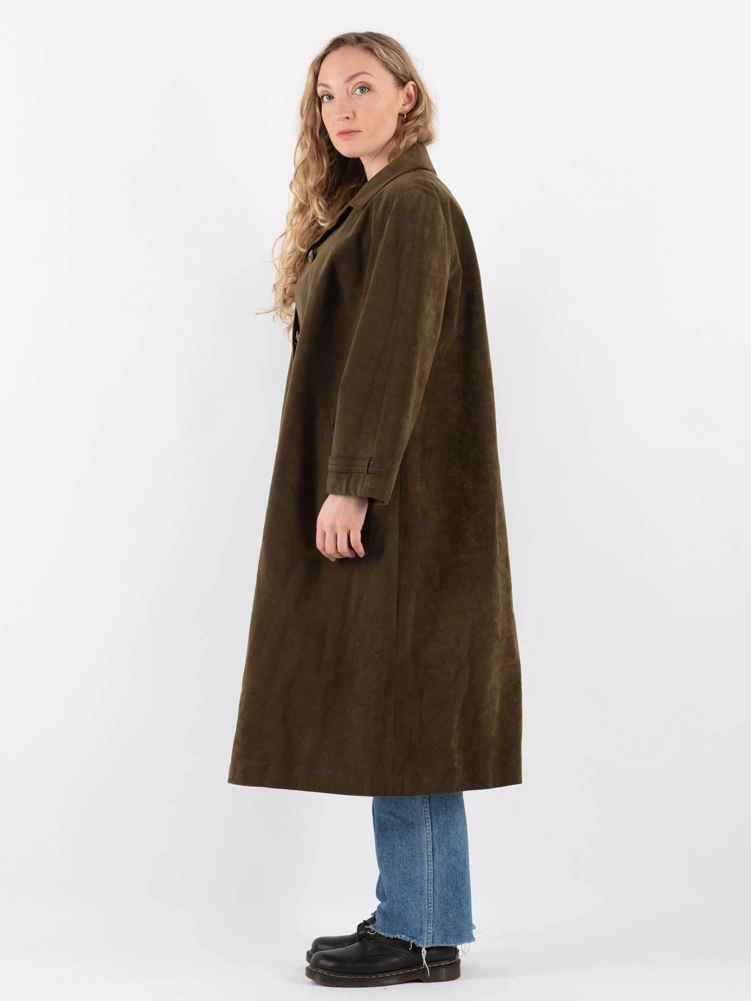 Vintage 90's Women Faux Suede Mac Coat In Green 3 Vintage 90's Women Faux Suede Mac Coat In Green - Image 3