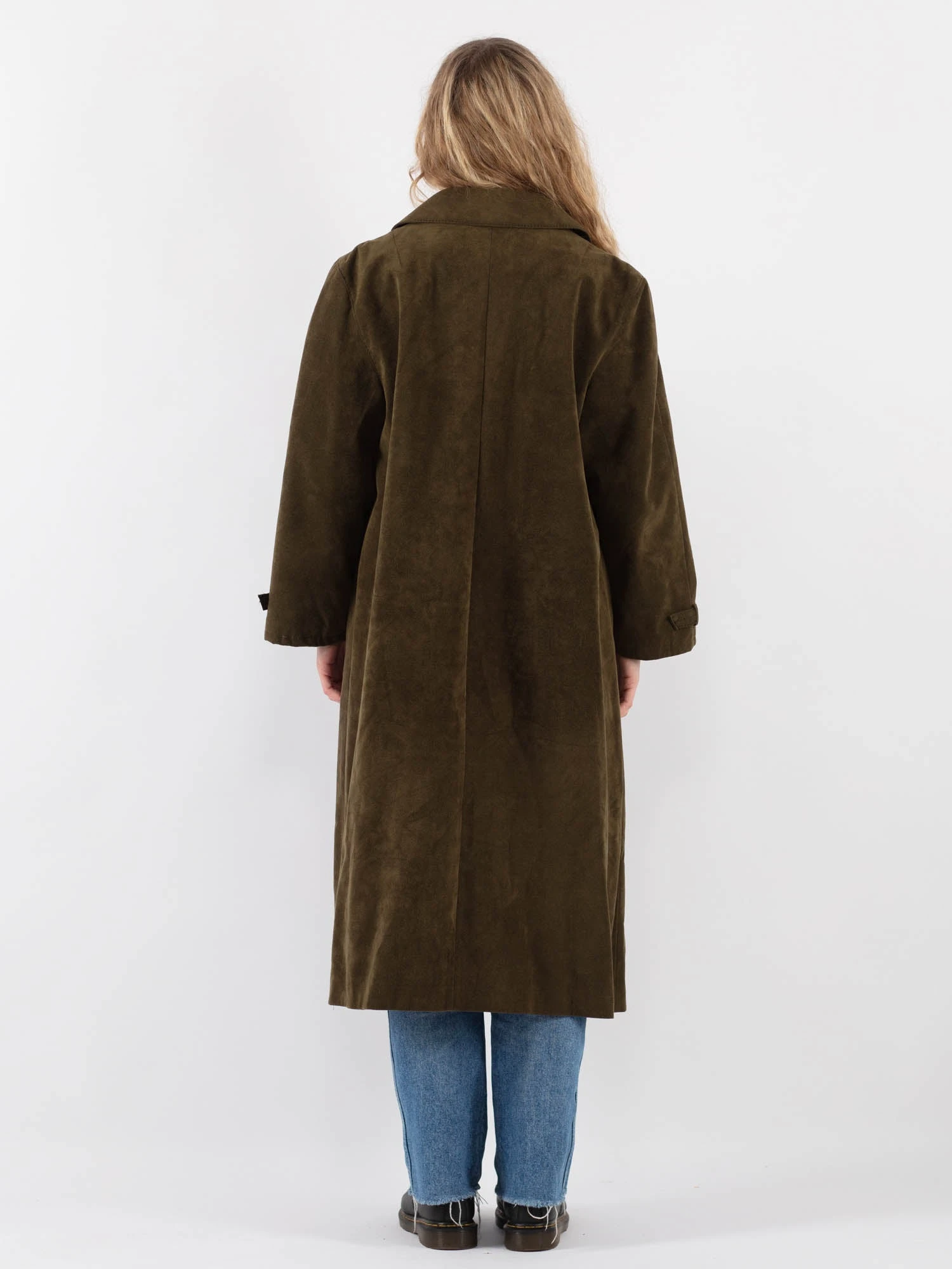 Vintage 90's Women Faux Suede Mac Coat In Green 2 Vintage 90's Women Faux Suede Mac Coat In Green - Image 2