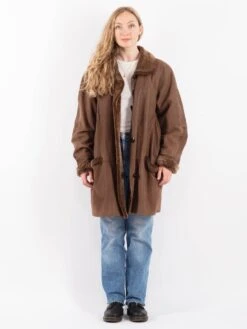 Vintage 80's Women Leather Sheepskin Coat In Brown