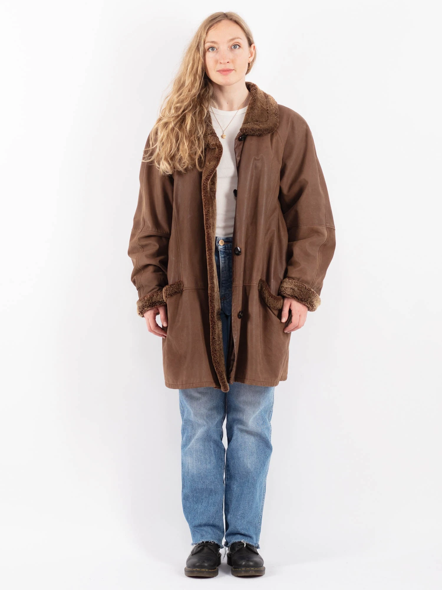 Vintage 80's Women Leather Sheepskin Coat In Brown 1 Vintage 80's Women Leather Sheepskin Coat In Brown
