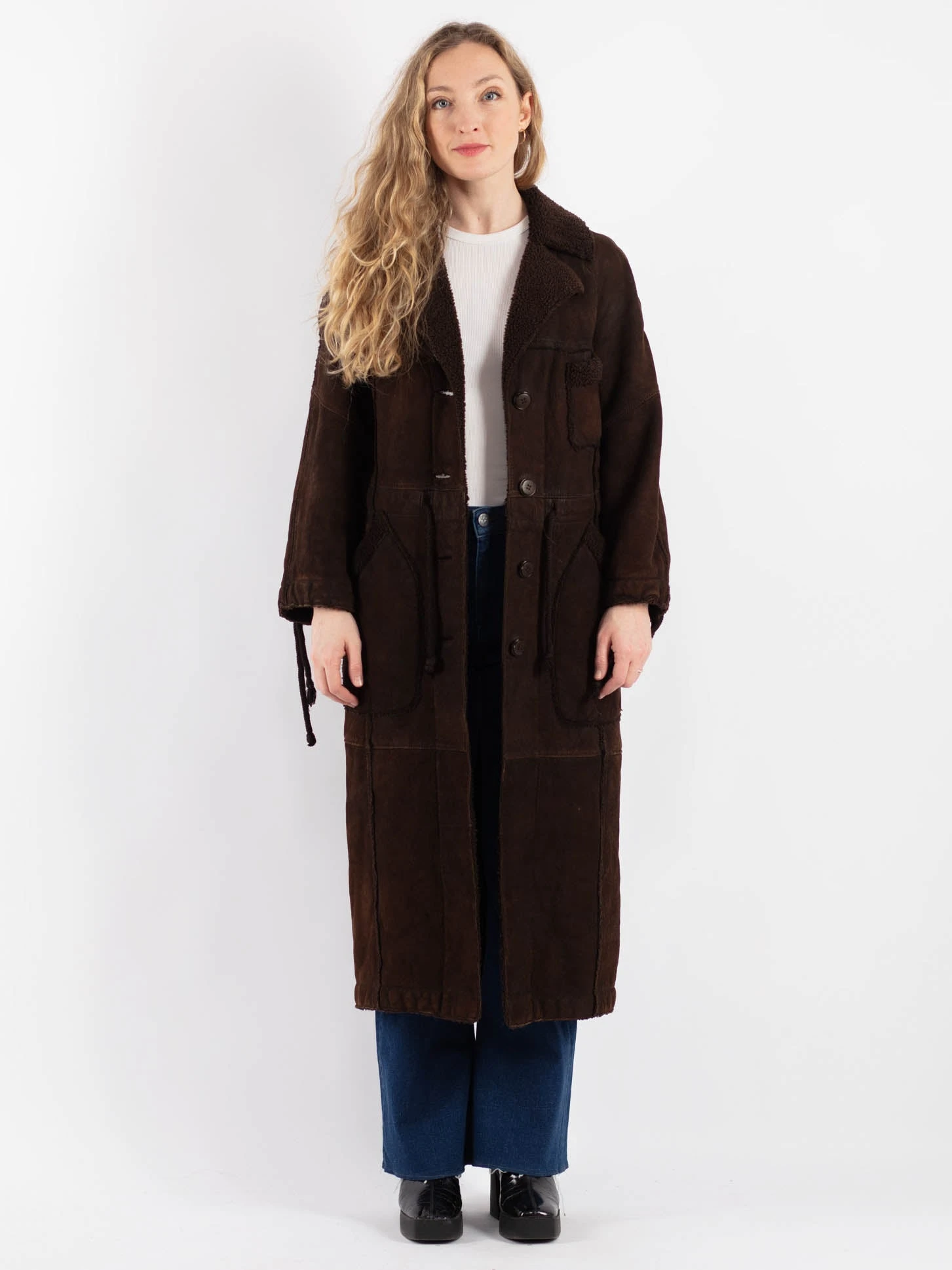 Vintage 90's Women Sheepskin Long Coat In Brown 1 Vintage 90's Women Sheepskin Long Coat In Brown