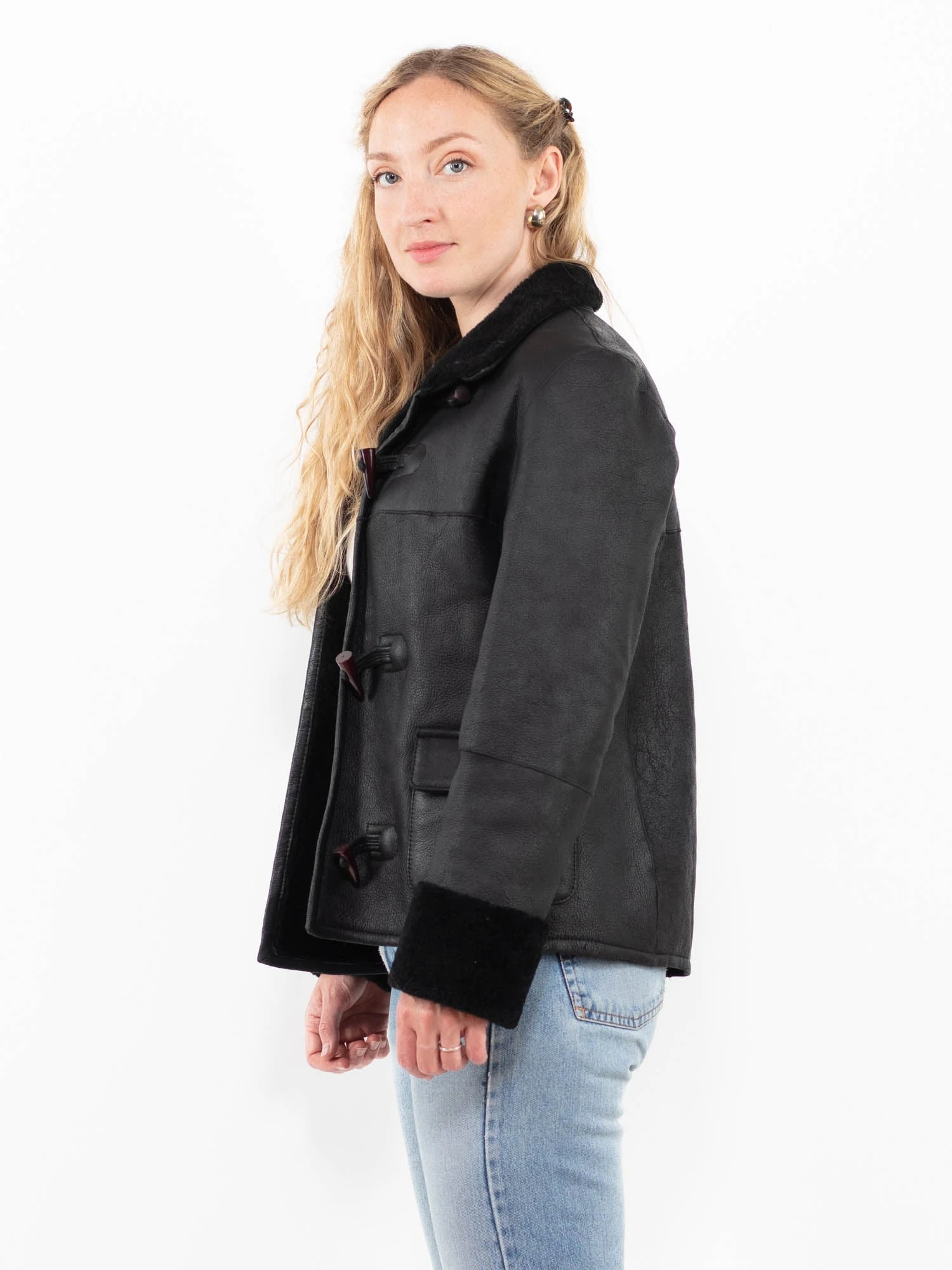 Vintage 90's Women Sheepskin Jacket In Black 3 Vintage 90's Women Sheepskin Jacket In Black - Image 3