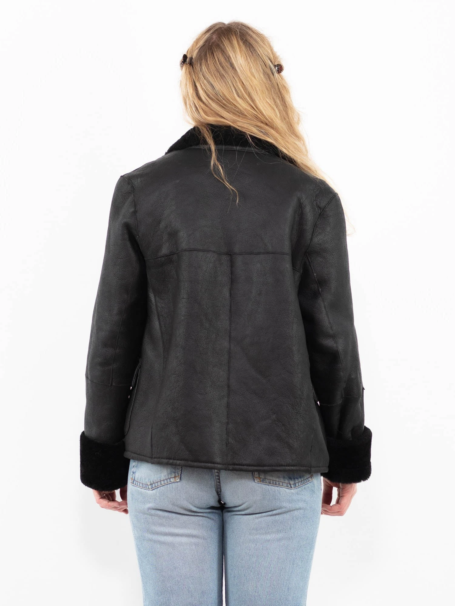 Vintage 90's Women Sheepskin Jacket In Black 2 Vintage 90's Women Sheepskin Jacket In Black - Image 2