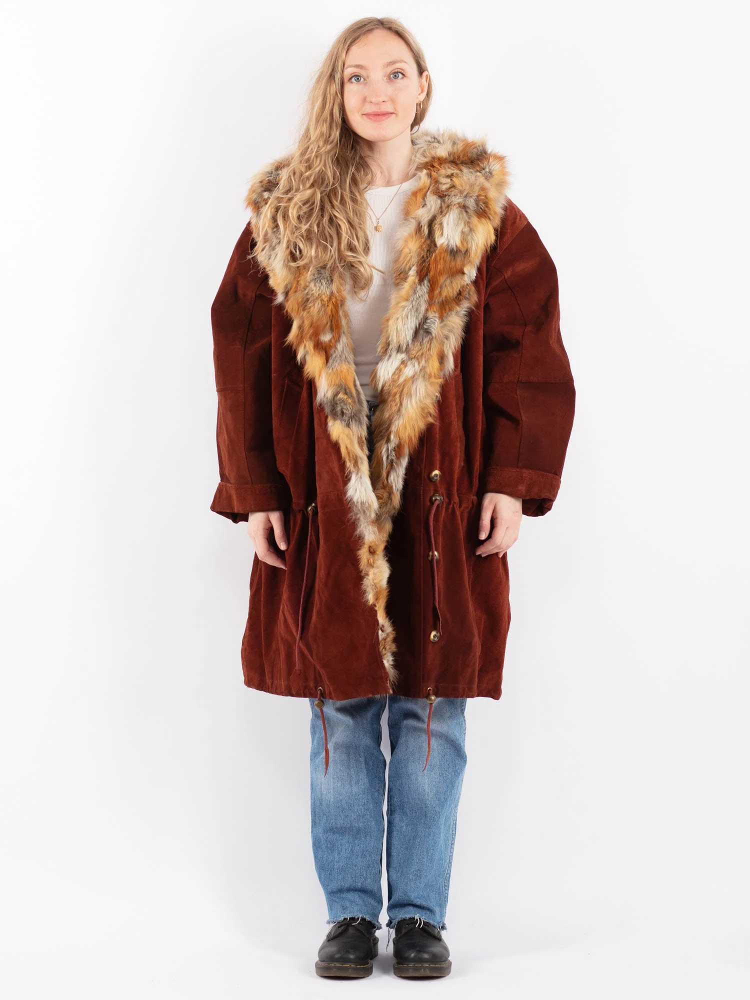 Vintage 90's Women Oversized Suede Fur Coat In Brown 1 Vintage 90's Women Oversized Suede Fur Coat In Brown