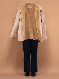 Vintage 90's Suede Sherpa Coat In Beige -Northern Grip Vintage 90s Women Suede Sherpa Coat In Beige 2 4