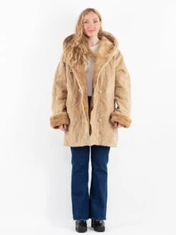 Vintage 90's Women Hooded Suede Sherpa Coat In Beige