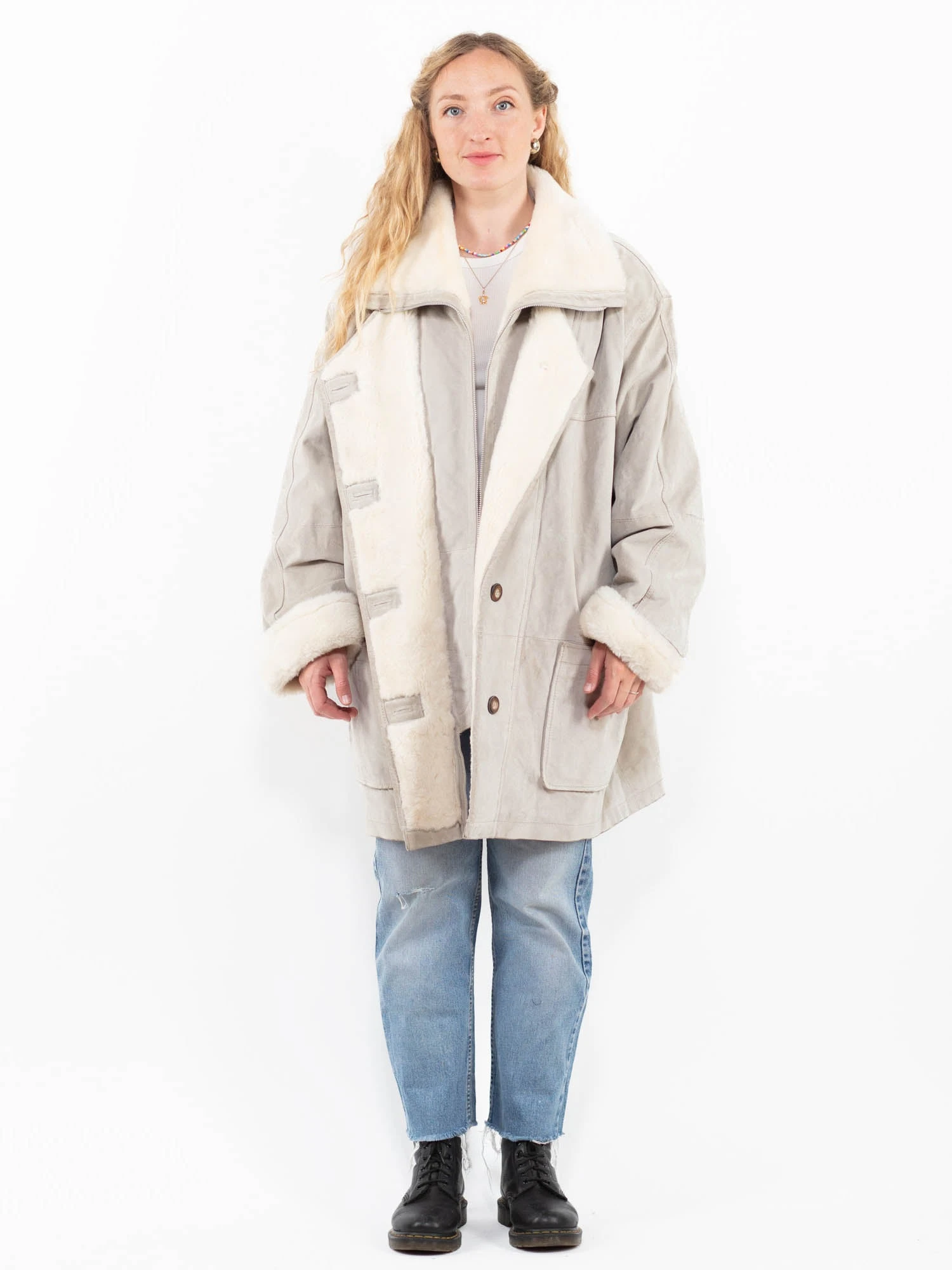 Vintage 90's Women Suede Sherpa Coat In Gray 1 Vintage 90's Women Suede Sherpa Coat In Gray