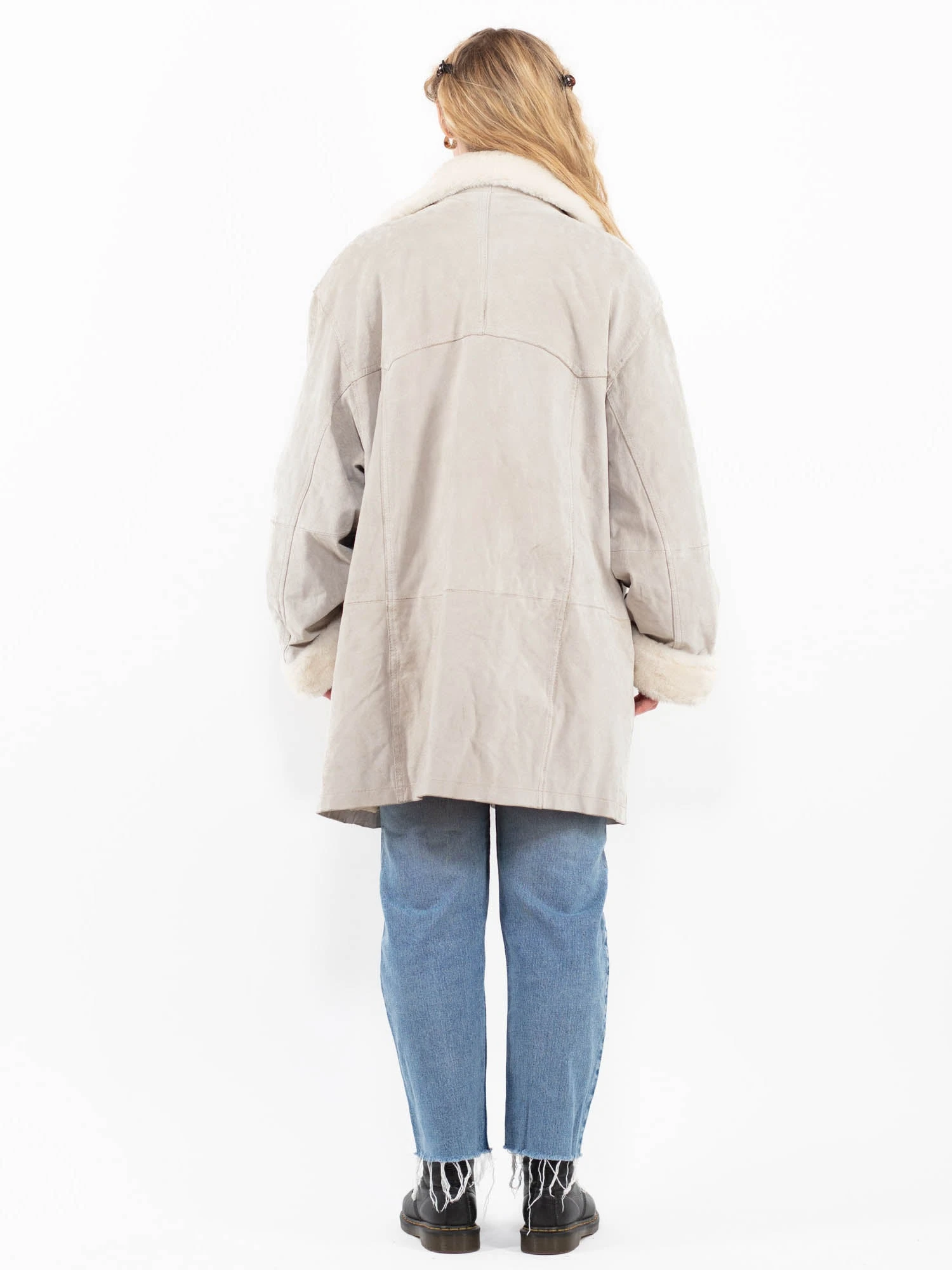 Vintage 90's Women Suede Sherpa Coat In Gray 2 Vintage 90's Women Suede Sherpa Coat In Gray - Image 2