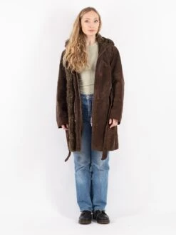 Vintage 90's Women Hooded Suede Sherpa Coat In Brown