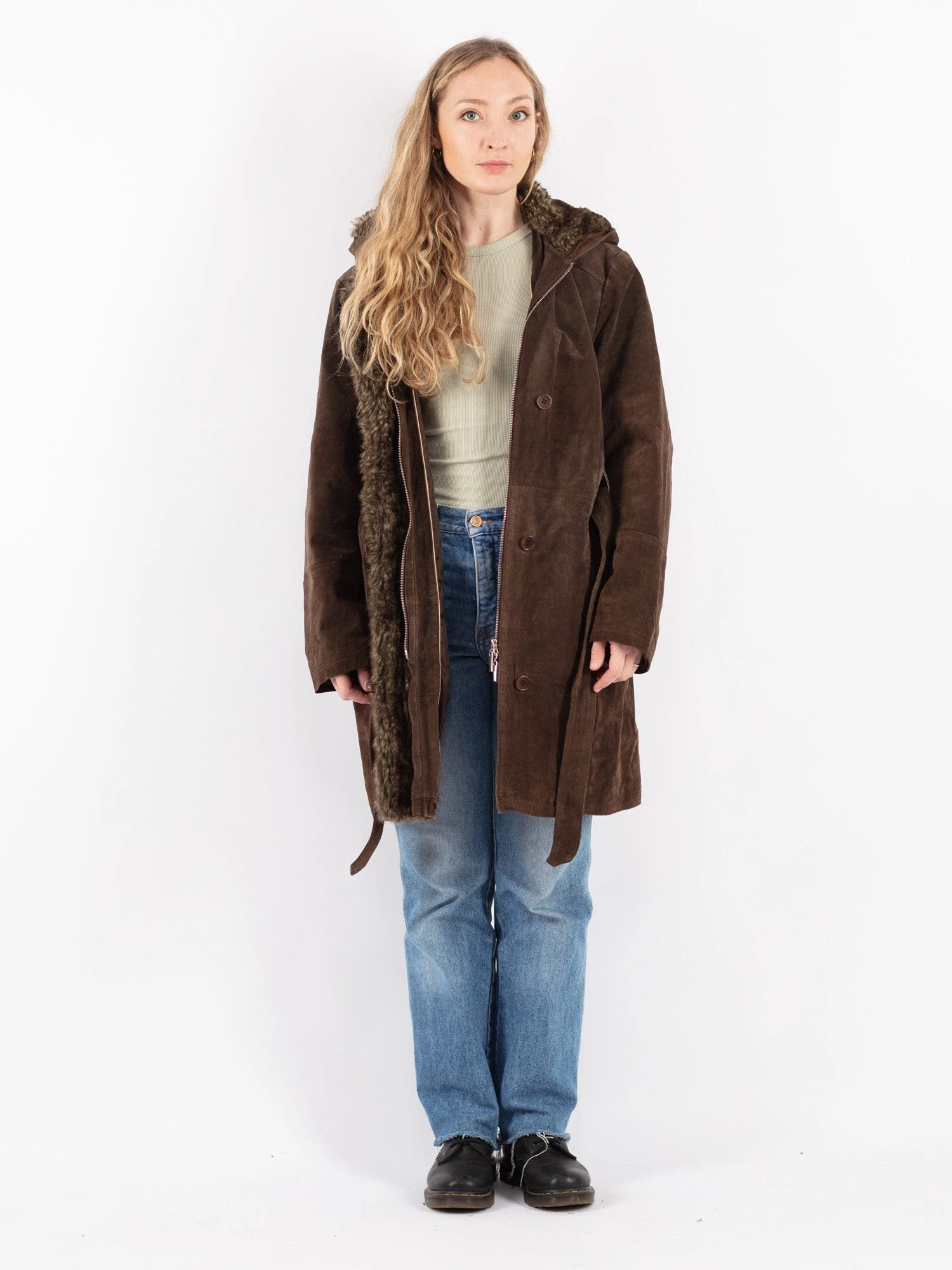Vintage 90's Women Hooded Suede Sherpa Coat In Brown 1 Vintage 90's Women Hooded Suede Sherpa Coat In Brown