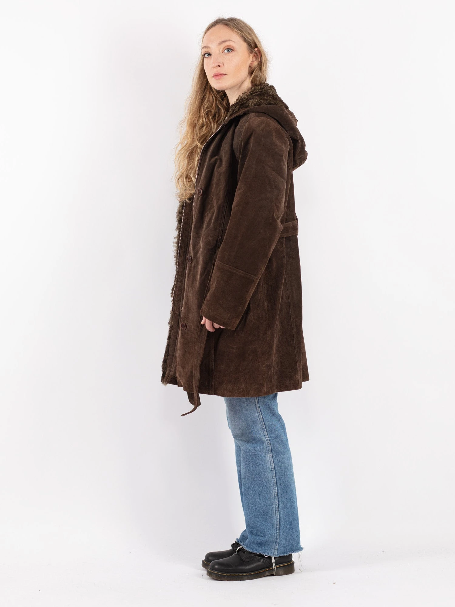 Vintage 90's Women Hooded Suede Sherpa Coat In Brown 3 Vintage 90's Women Hooded Suede Sherpa Coat In Brown - Image 3