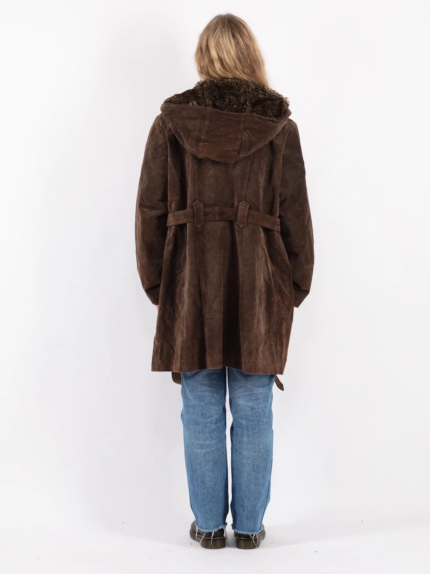 Vintage 90's Women Hooded Suede Sherpa Coat In Brown 2 Vintage 90's Women Hooded Suede Sherpa Coat In Brown - Image 2