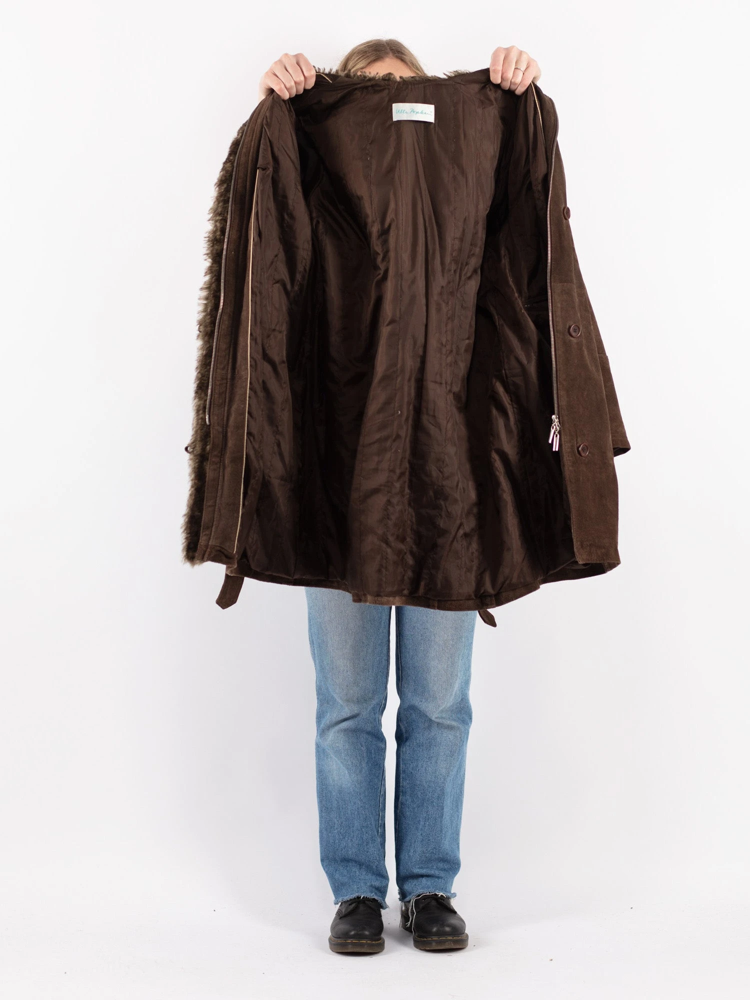 Vintage 90's Women Hooded Suede Sherpa Coat In Brown 4 Vintage 90's Women Hooded Suede Sherpa Coat In Brown - Image 4