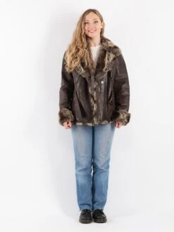 Vintage 90's Women Leather Sherpa Jacket In Brown