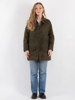 Vintage 90's Women Waxed Canvas Jacket In Green