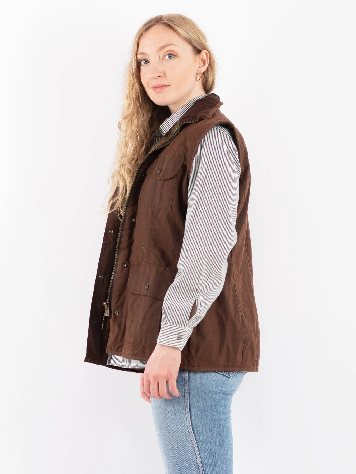 Vintage 90's Women Waxed Cotton Vest In Brown 2 Vintage 90's Women Waxed Cotton Vest In Brown - Image 2