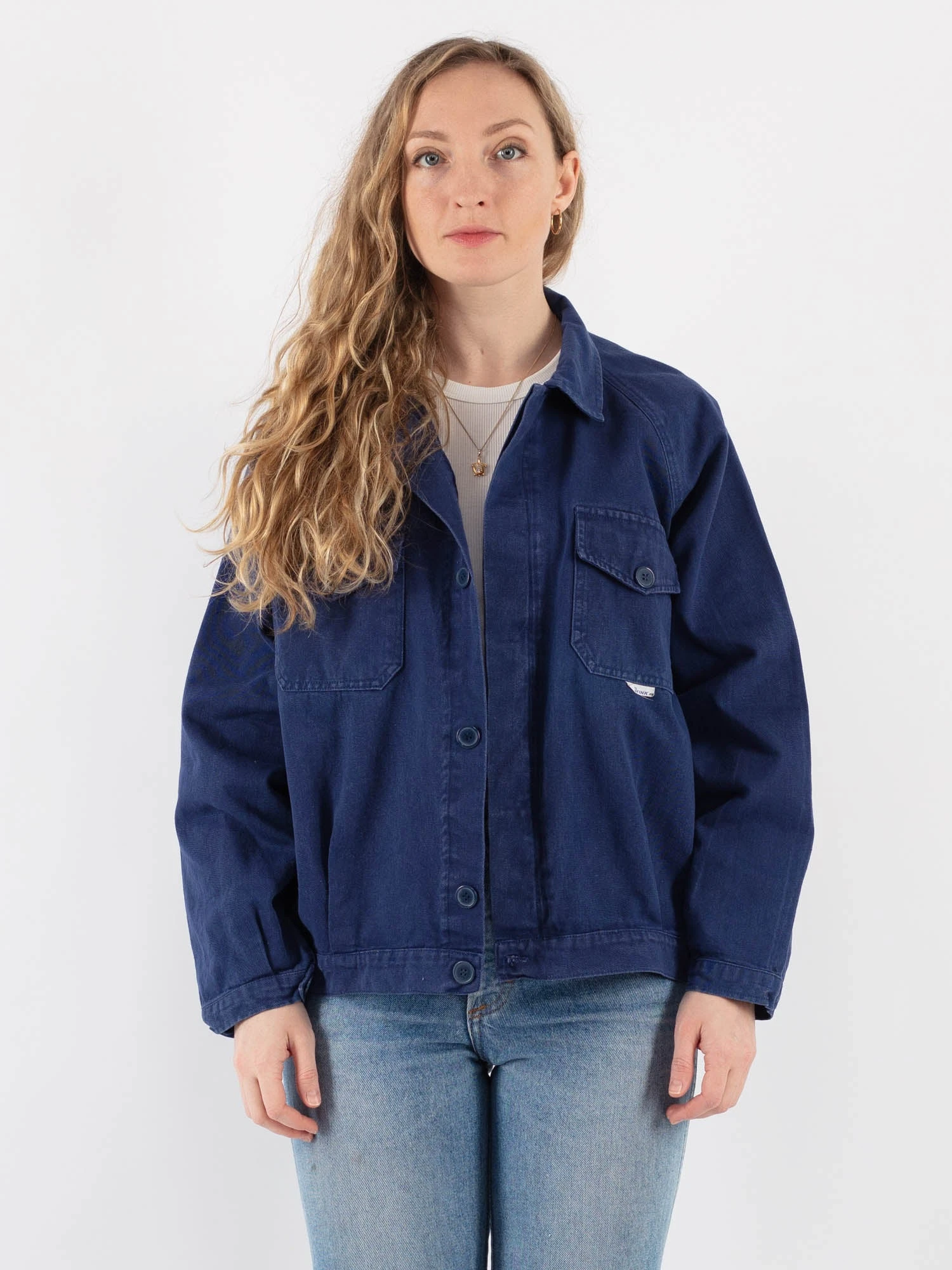 Vintage 90's Women Cropped Italian Work Jacket In Blue 1 Vintage 90's Women Cropped Italian Work Jacket In Blue