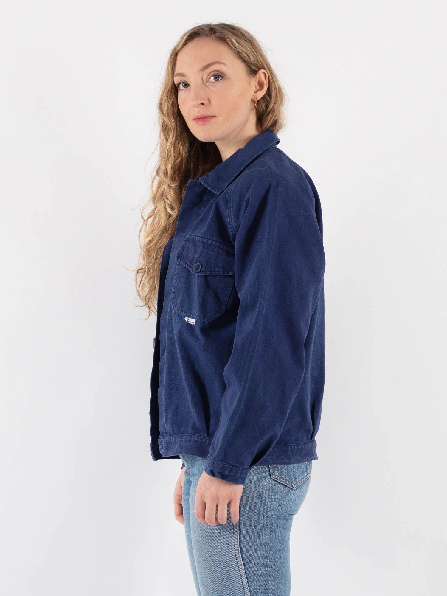 Vintage 90's Women Cropped Italian Work Jacket In Blue 2 Vintage 90's Women Cropped Italian Work Jacket In Blue - Image 2
