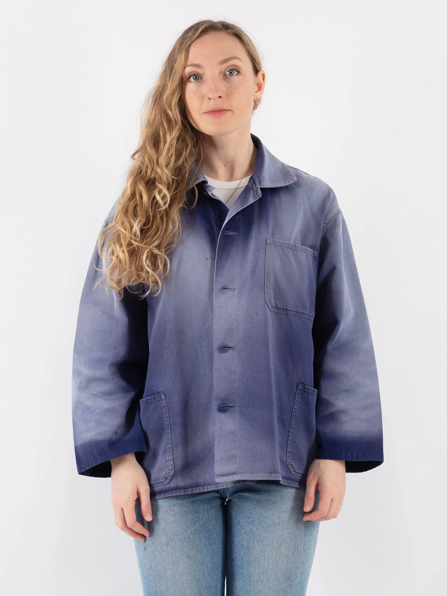 Vintage 90's Women Sun Faded Work Jacket In Blue 1 Vintage 90's Women Sun Faded Work Jacket In Blue