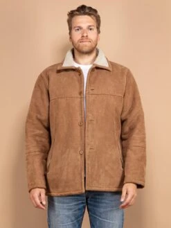 Vintage 90's Men Faux Suede Coat In Brown