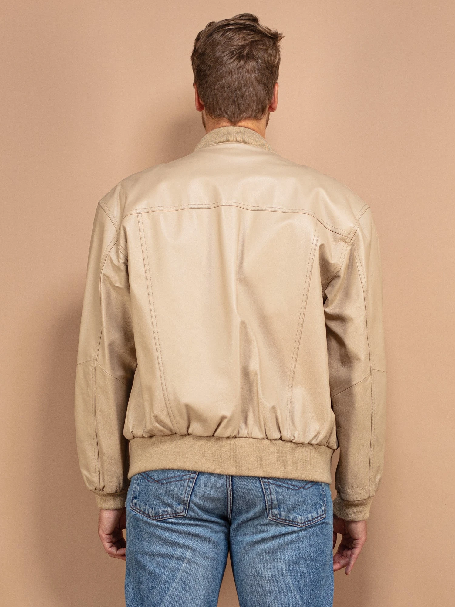 Vintage 90's Men Leather Bomber Jacket In Beige 2 Vintage 90's Men Leather Bomber Jacket In Beige - Image 2