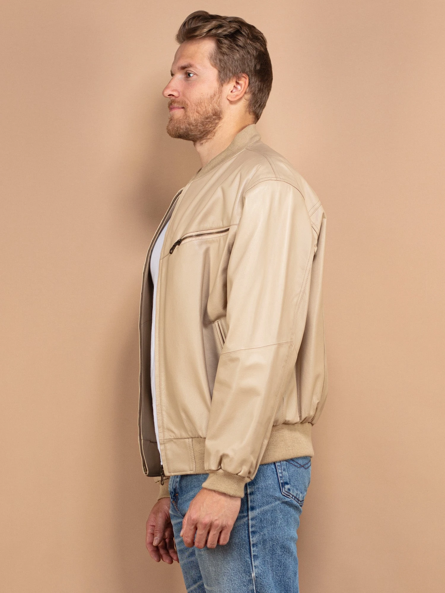 Vintage 90's Men Leather Bomber Jacket In Beige 3 Vintage 90's Men Leather Bomber Jacket In Beige - Image 3