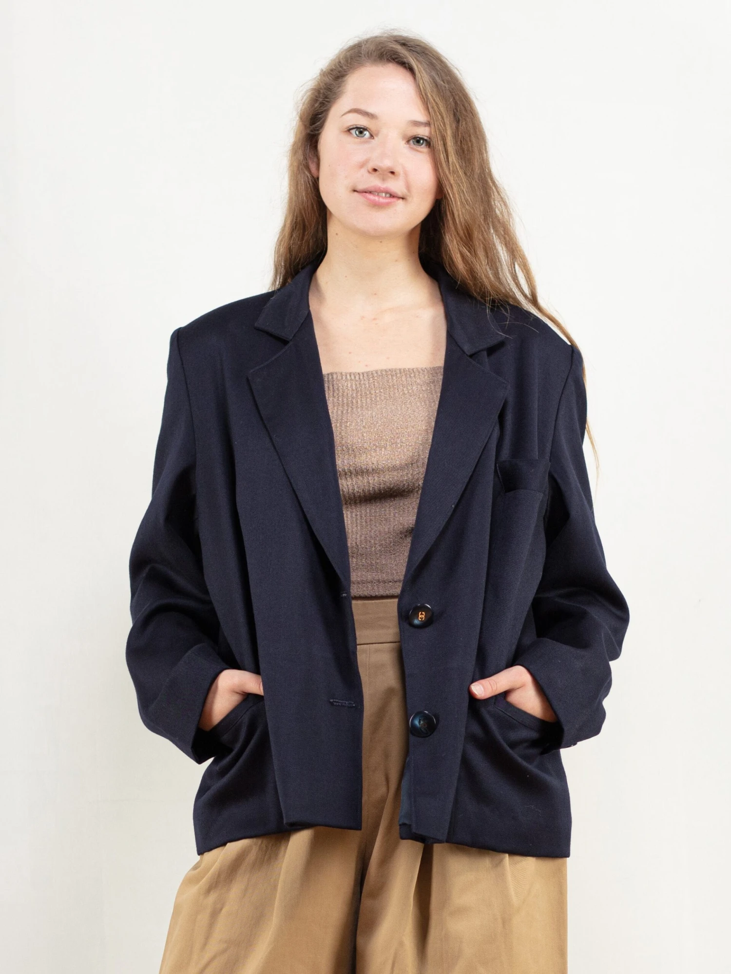 Vintage 80's Women Navy Blue Wool Blend Blazer 2 Vintage 80's Women Navy Blue Wool Blend Blazer - Image 2