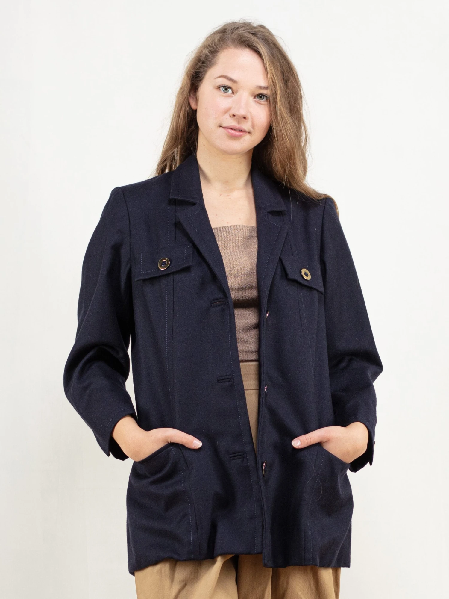 Vintage 90's Women Navy Blue Wool Blend Blazer 1 Vintage 90's Women Navy Blue Wool Blend Blazer