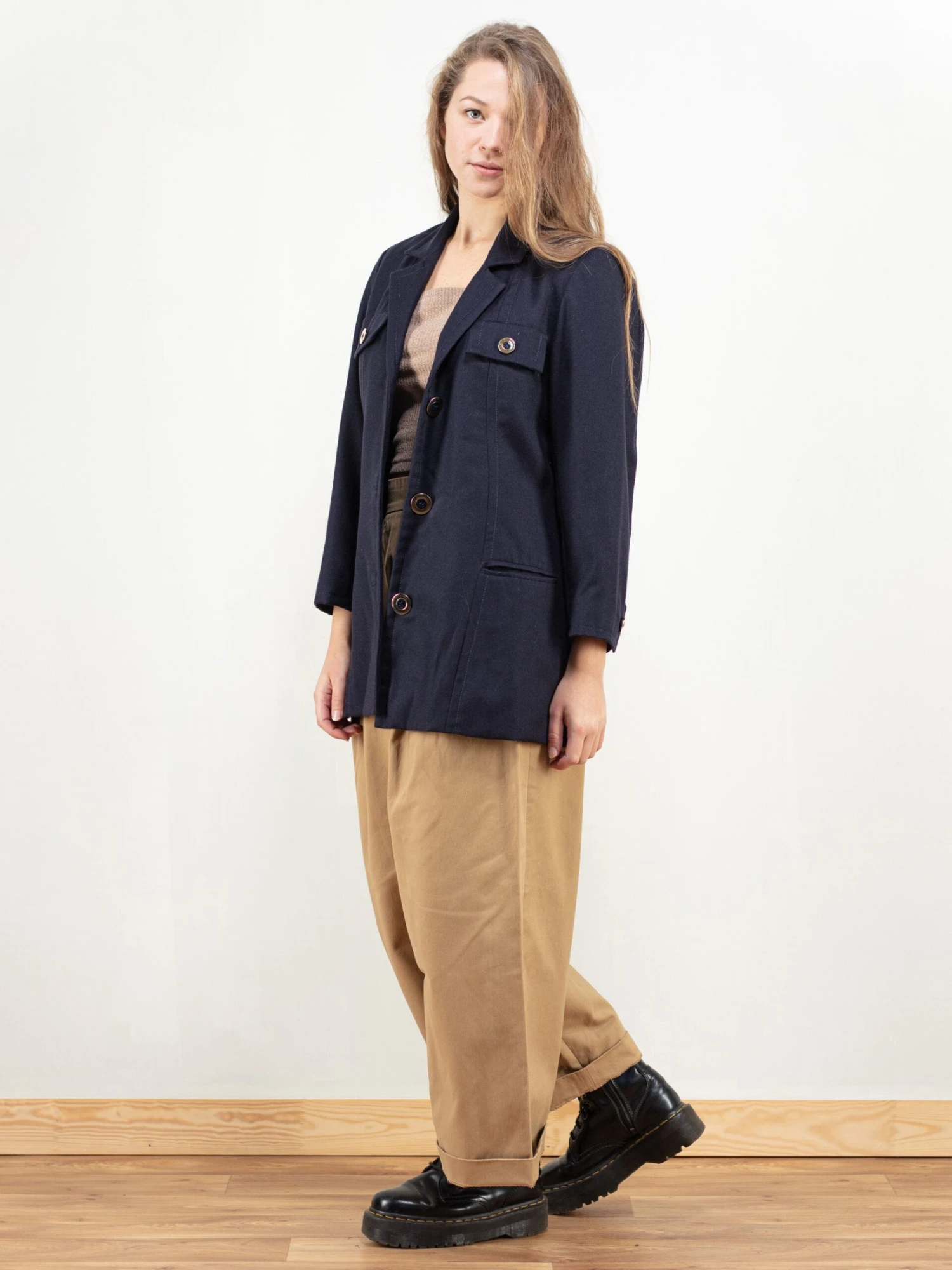 Vintage 90's Women Navy Blue Wool Blend Blazer 3 Vintage 90's Women Navy Blue Wool Blend Blazer - Image 3