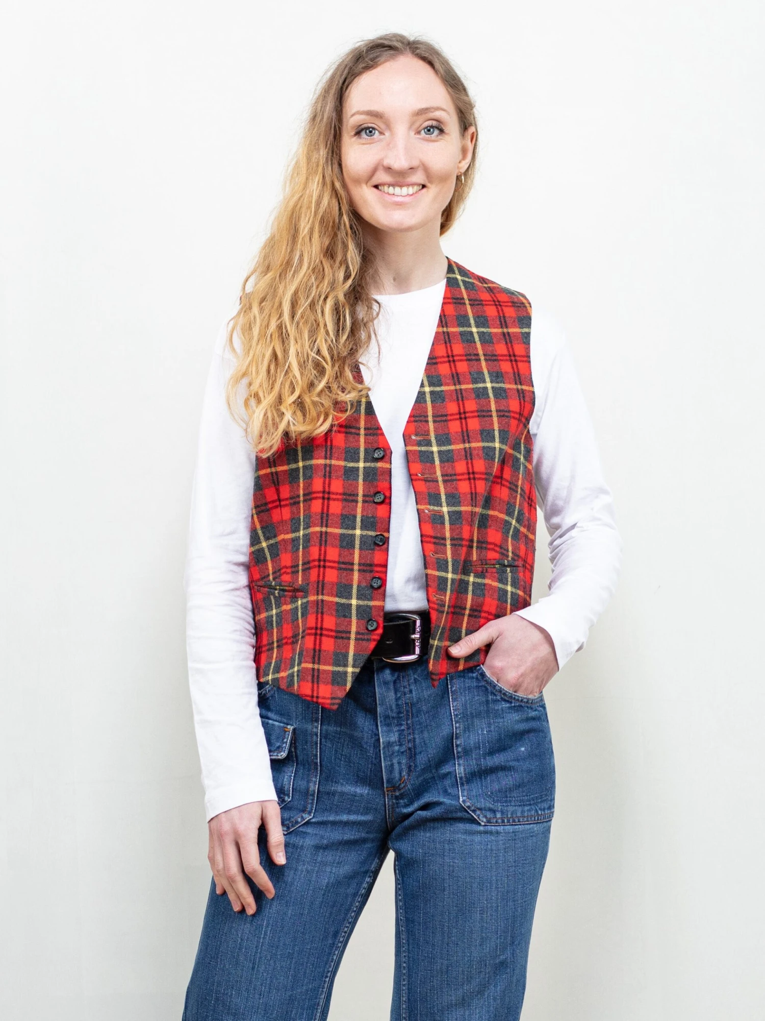 Vintage 80's Women Plaid Waistcoat Vest 1 Vintage 80's Women Plaid Waistcoat Vest