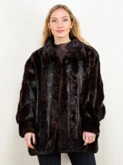 Vintage 80's Women Fur And Leather Coat In Black And Brown