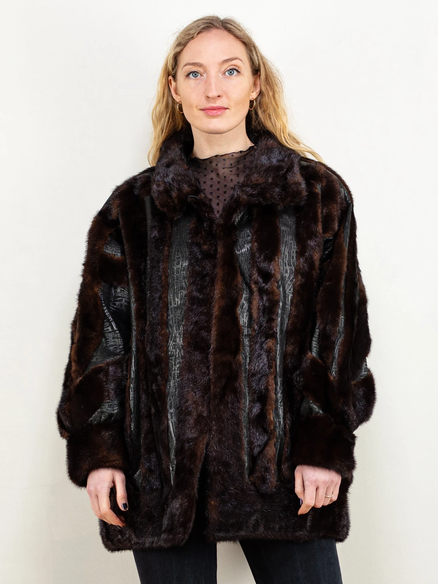 Vintage 80's Women Fur And Leather Coat In Black And Brown 1 Vintage 80's Women Fur And Leather Coat In Black And Brown